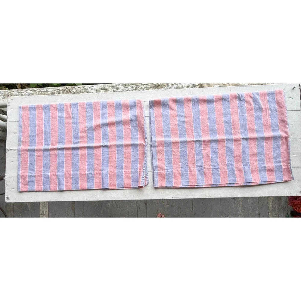 Vintage Pink and Blue Striped Cotton Pillowcase Set of 2 20x28 Home Decor 0910